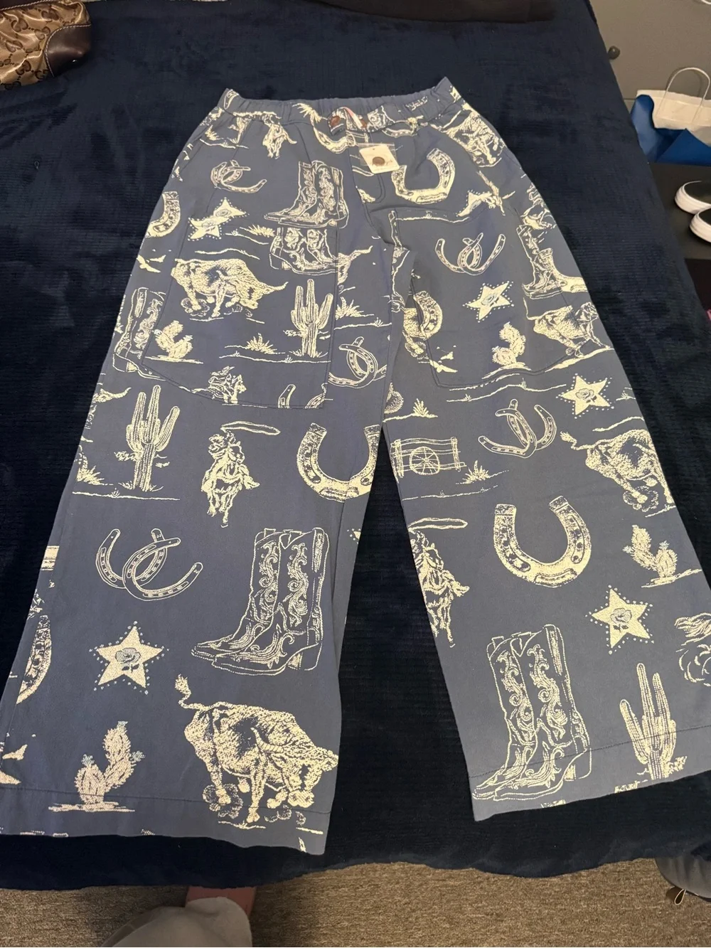 Free People Navy Pants with Cream Western Motif